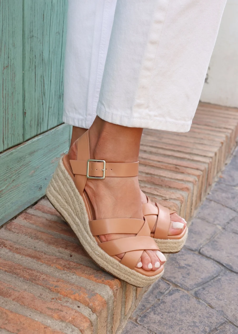 Linzi Sheena Tan Faux Leather Crossover Espadrille Platform Wedge - Size 5 Image 1