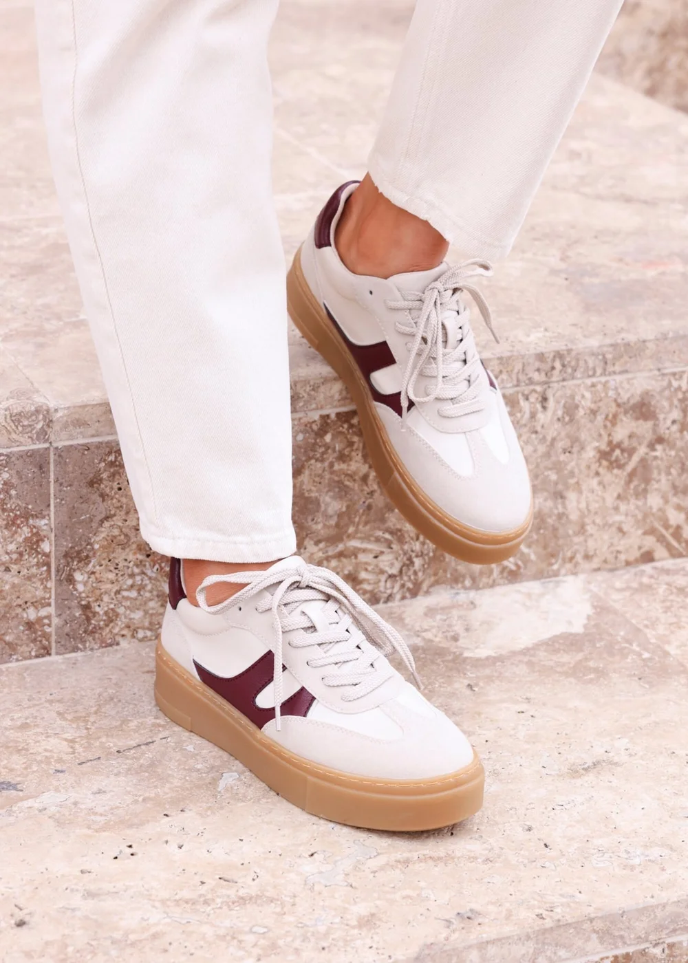 Linzi Kaia Sand & Burgundy Faux Leather Lace Up Flatform Trainers - Size 5 Image 1