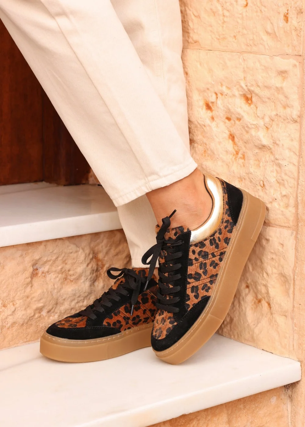 Linzi Nyra Leopard Print Lace Up Flatform Trainers - Size 6 Image 1