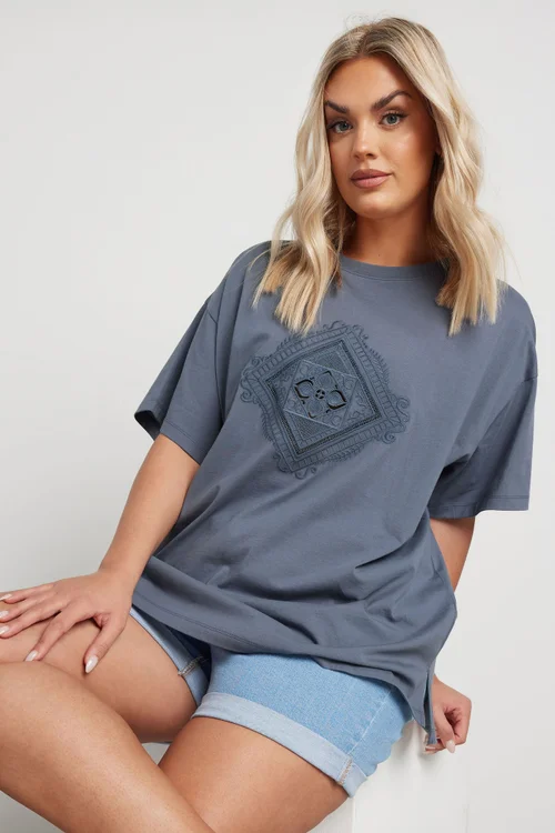 Yours Curve Grey Embroidered Boho Diamond Oversized T-Shirt - Size 26-28 Image 1