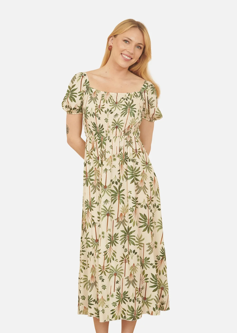 Yumi Beige Cotton Palm Print Ruched Midi Dress - 12 Image 2