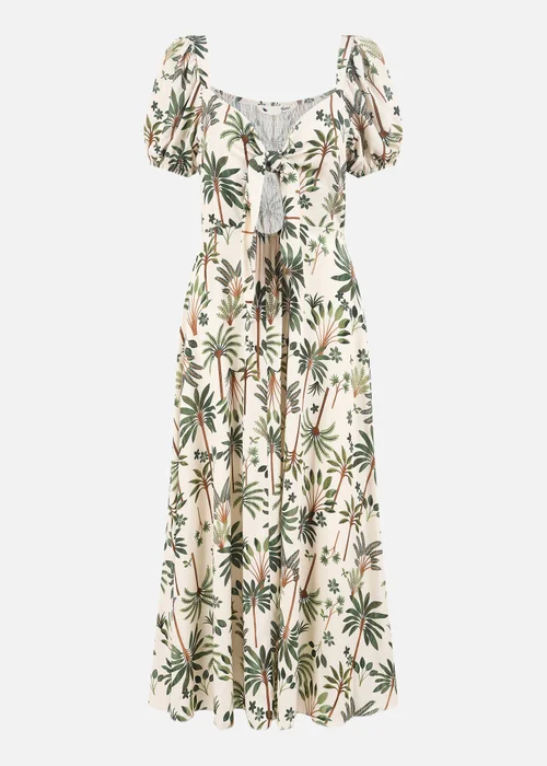 Yumi Beige Cotton Palm Print Ruched Midi Dress - 12 Image 3