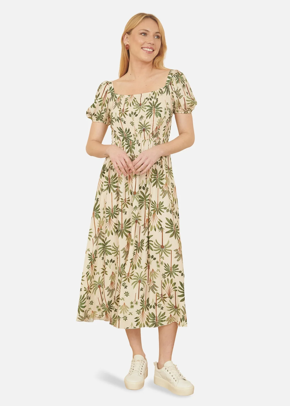 Yumi Beige Cotton Palm Print Ruched Midi Dress - 12 Image 1