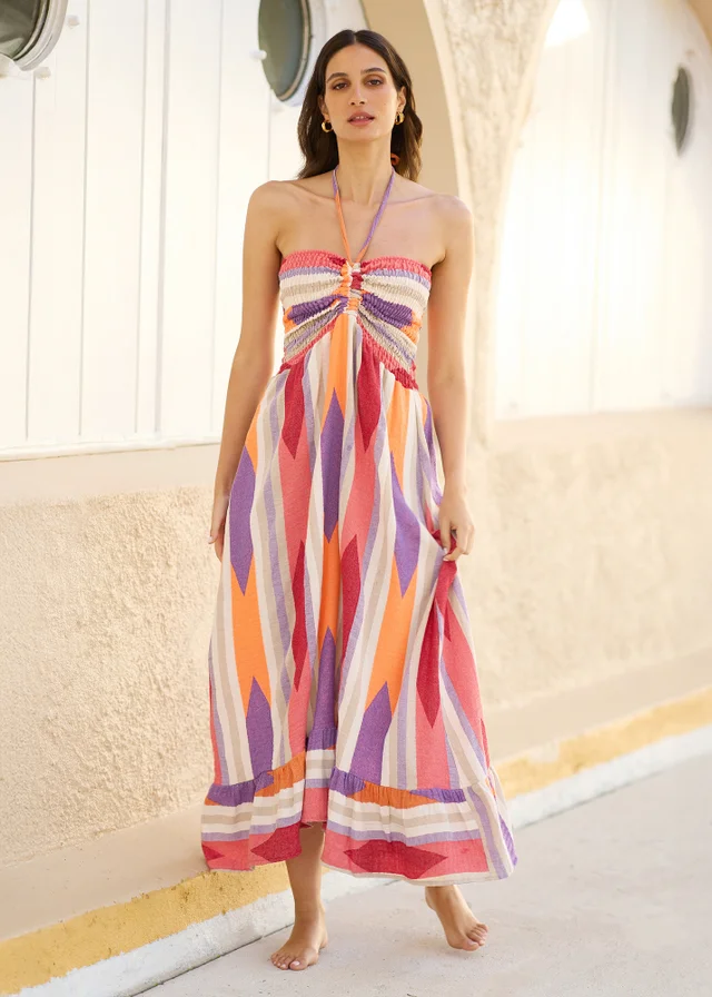 Yumi Multicolour Block Print Halter Neck Cotton Maxi Dress
