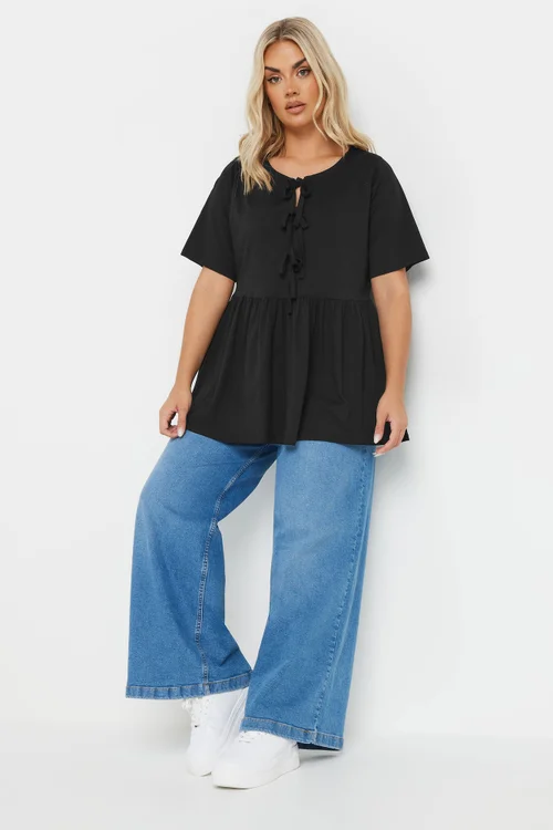 YOURS Curve Black Bow Tie Front Peplum Top - Size 20 Image 3