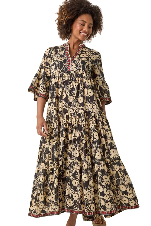 Roman Black Floral Print Border Maxi Dress - Size 16 Image 1