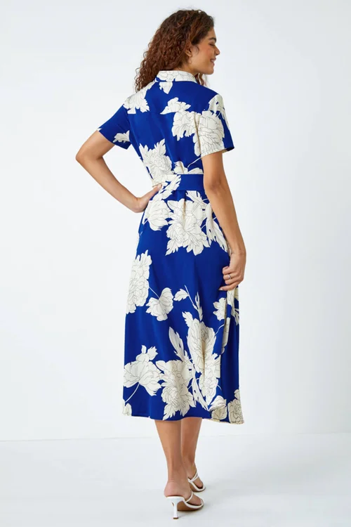 Roman Royal Blue Contrast Floral Print Shirt Dress - Size 16 Image 3