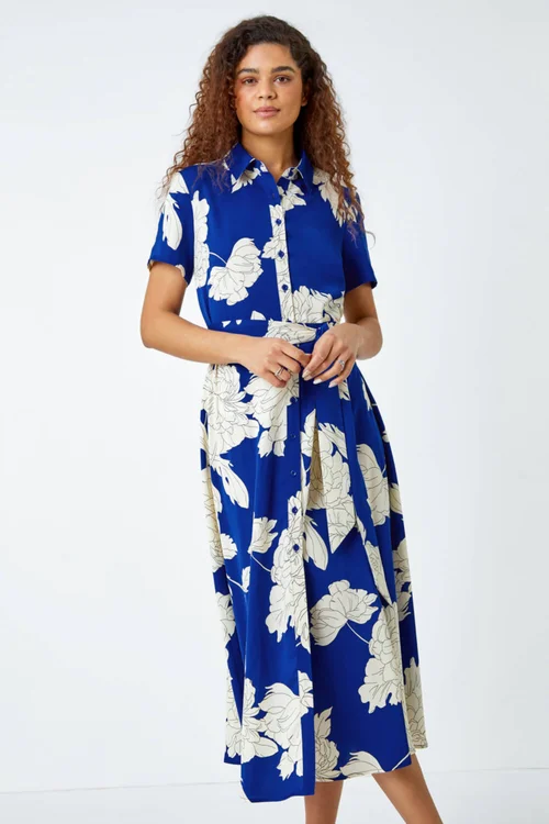 Roman Royal Blue Contrast Floral Print Shirt Dress - Size 16 Image 4