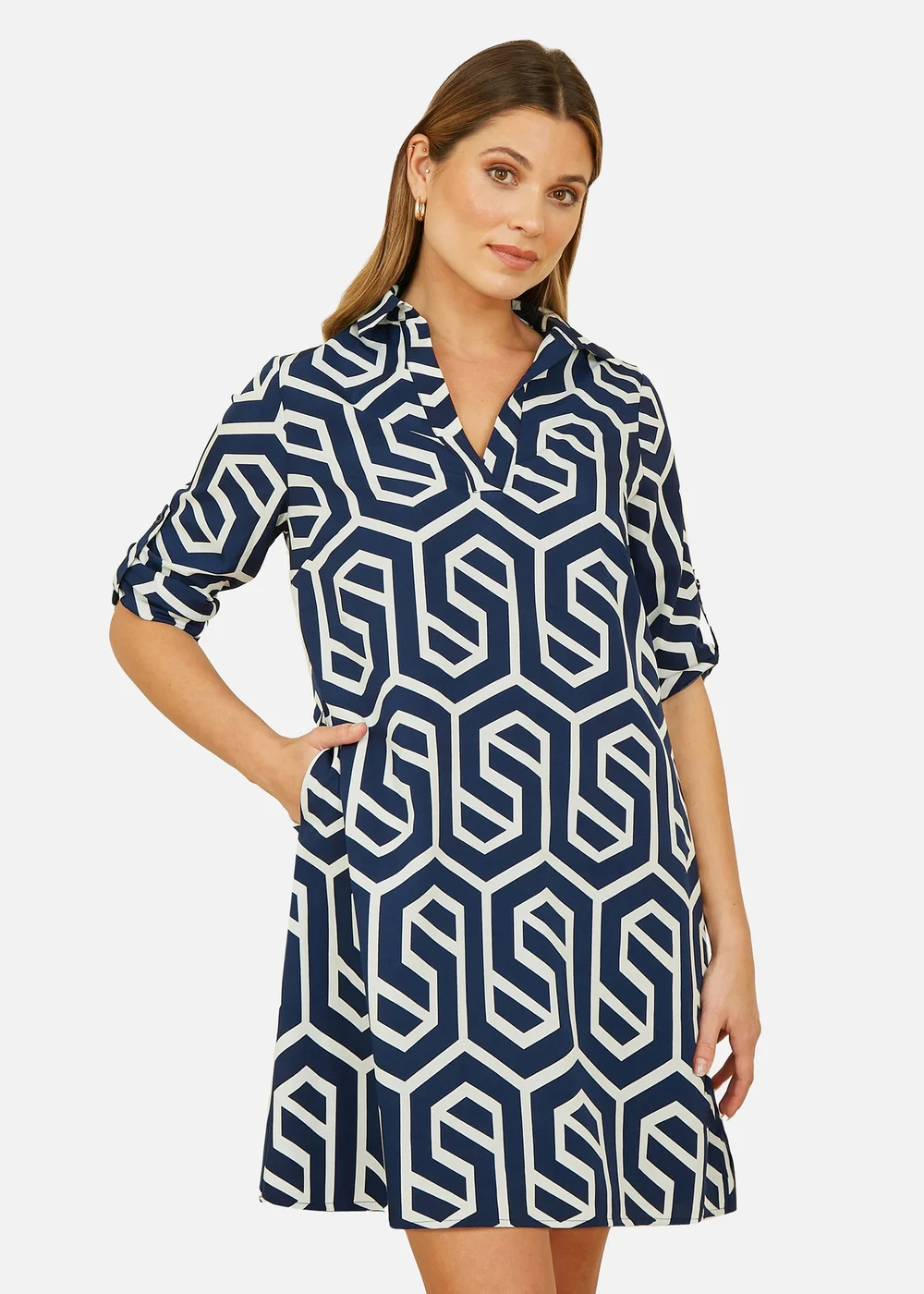 Yumi Navy Geo Print Tunic With Pockets - 14 Image 2