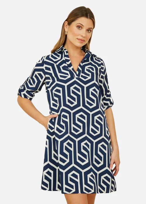 Yumi Navy Geo Print Tunic With Pockets - 14 Image 2