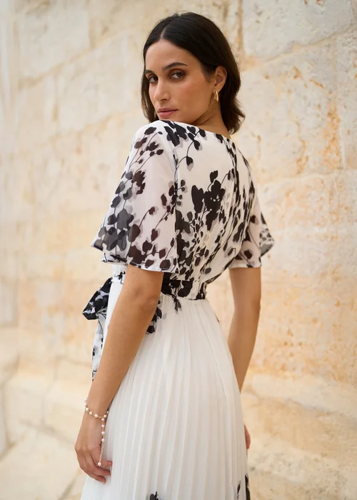 Yumi White Mirror Floral Design Pleated Midi Dress - 8 Image 4