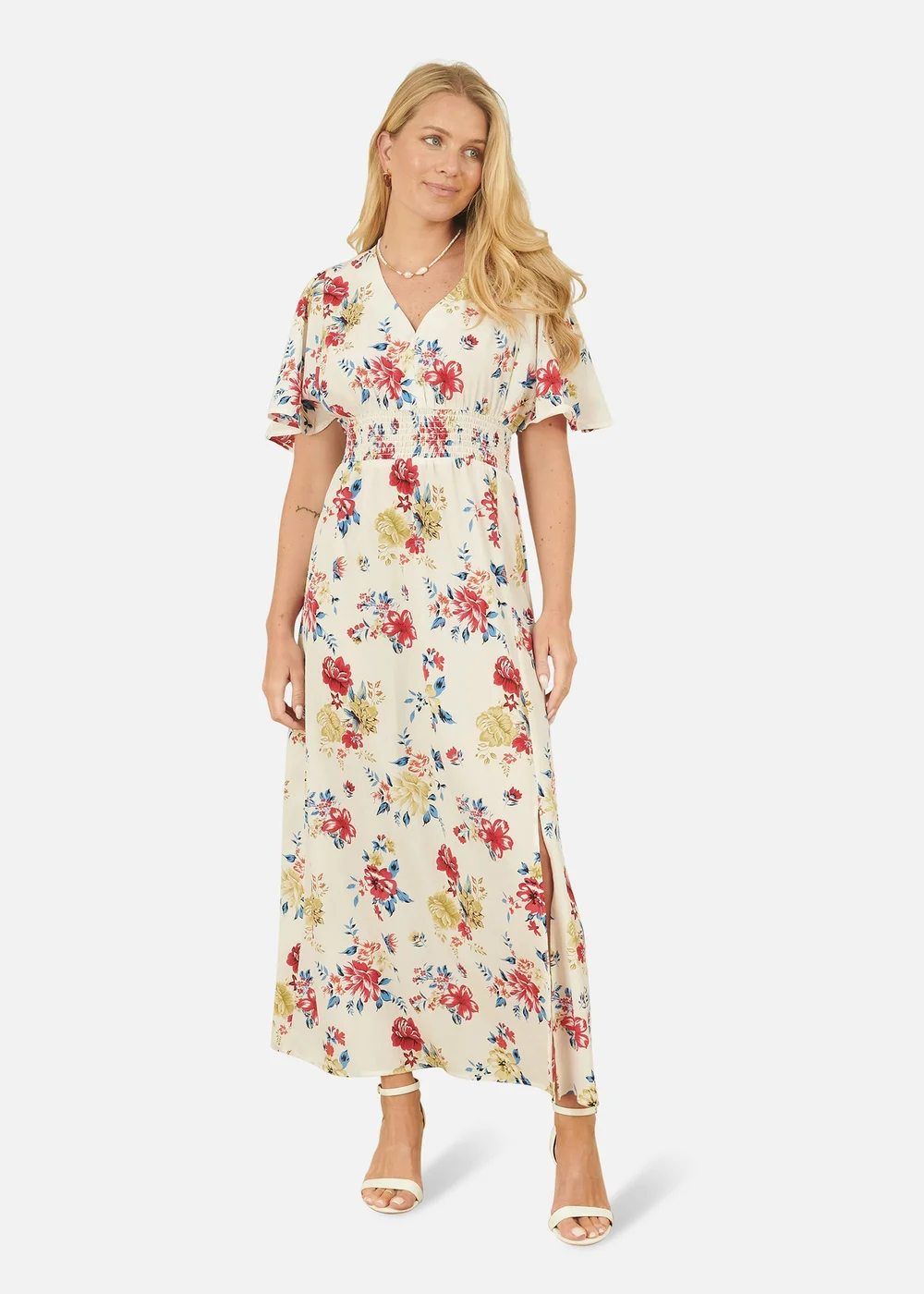 Yumi White Floral Recycled Fabric Ruched Waist Midi Dress - 10 Image 1