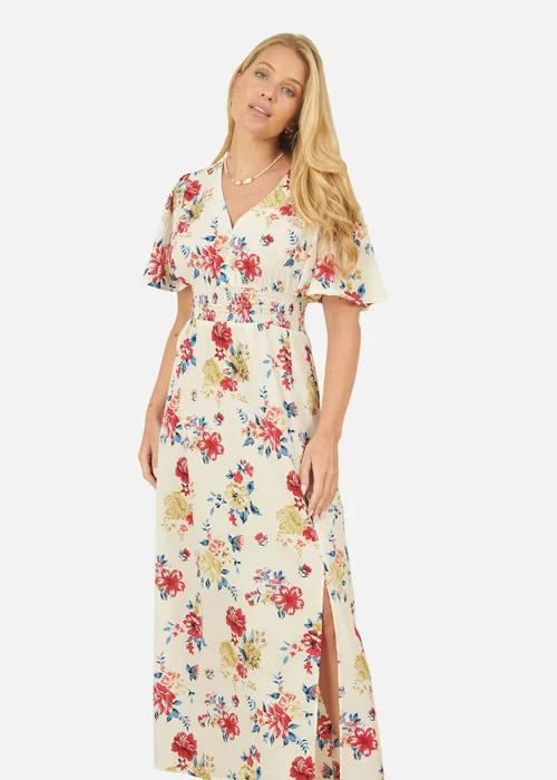 Yumi White Floral Recycled Fabric Ruched Waist Midi Dress - 10 Image 2