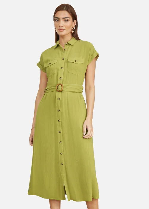 Yumi Green Viscose Linen Look Midi Shirt Dress With Wooden Belt - 8 Image 2