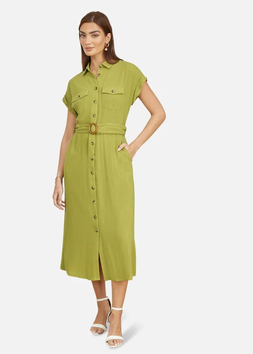 Yumi Green Viscose Linen Look Midi Shirt Dress With Wooden Belt - 8 Image 1