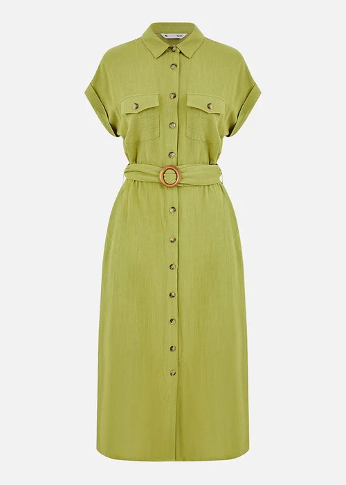 Yumi Green Viscose Linen Look Midi Shirt Dress With Wooden Belt - 8 Image 3