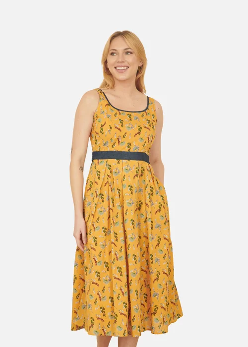 Yumi Mustard Floral Skater Dress With Denim Trims - 16 Image 1