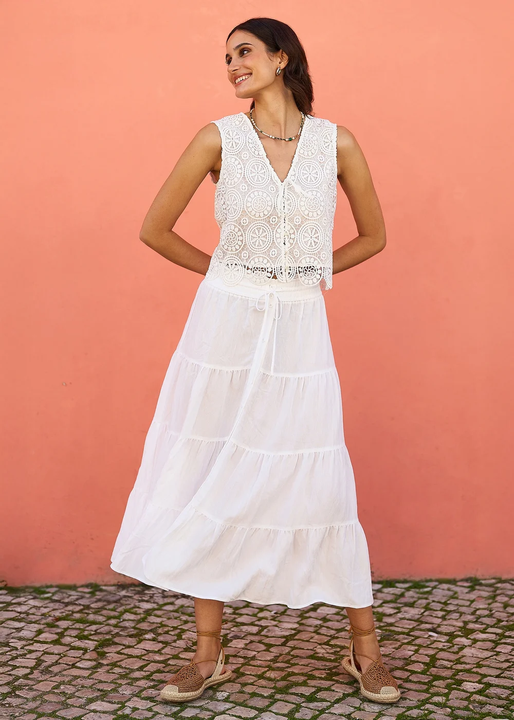 Yumi White Crochet Lace Tie Waistcoat - 16 Image 1