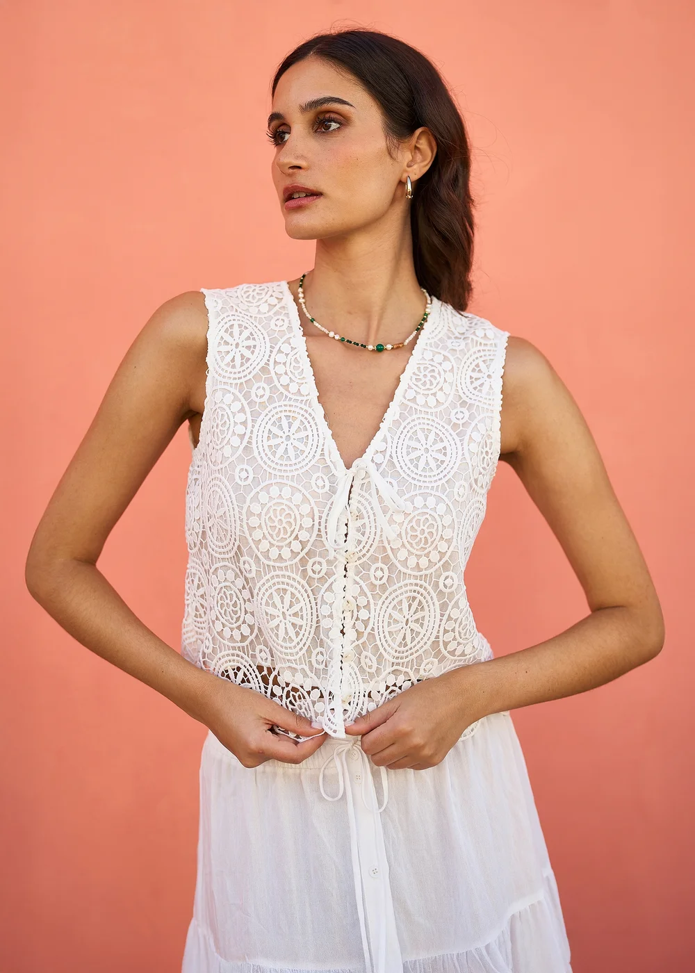 Yumi White Crochet Lace Tie Waistcoat - 16 Image 2
