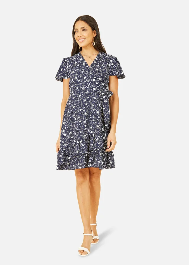 Yumi Navy Ditsy Floral Wrap Frill Dress