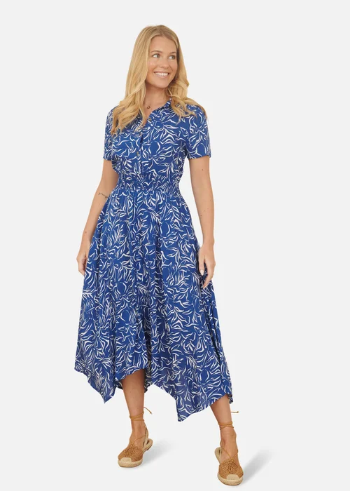 Yumi Blue Leaf Print Dip Hem Midi Shirt Dress - 8 Image 1