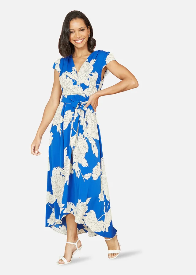 Yumi Blue Blossom Print Wrap Midi With Dipped Hem