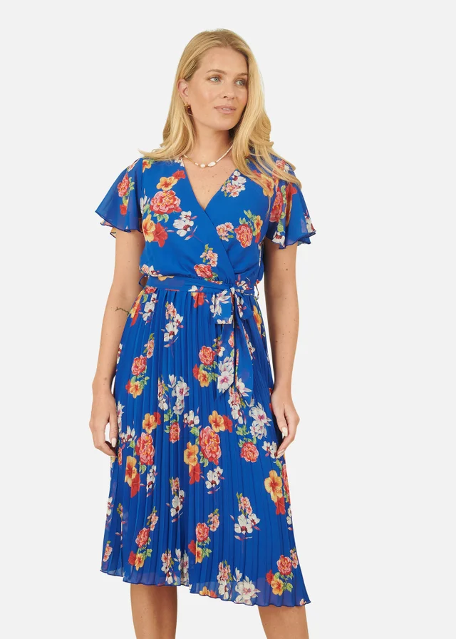 Yumi Blue Floral Pleated Wrap Dress