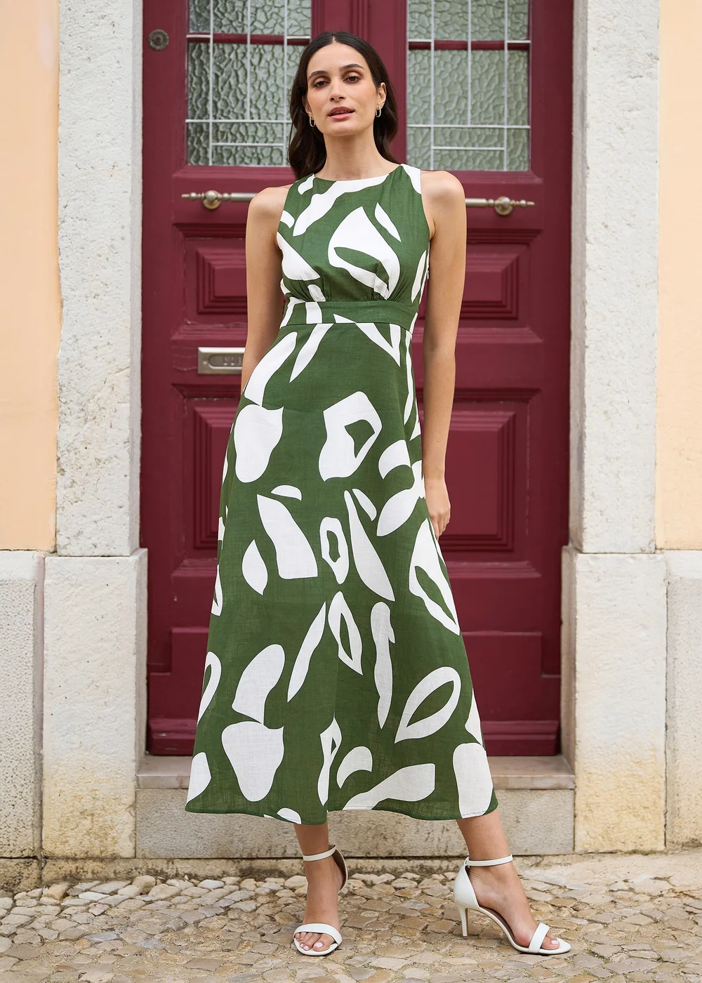 Yumi Green Cotton Abstract Print Maxi Dress With Tie Back - 16 Image 1