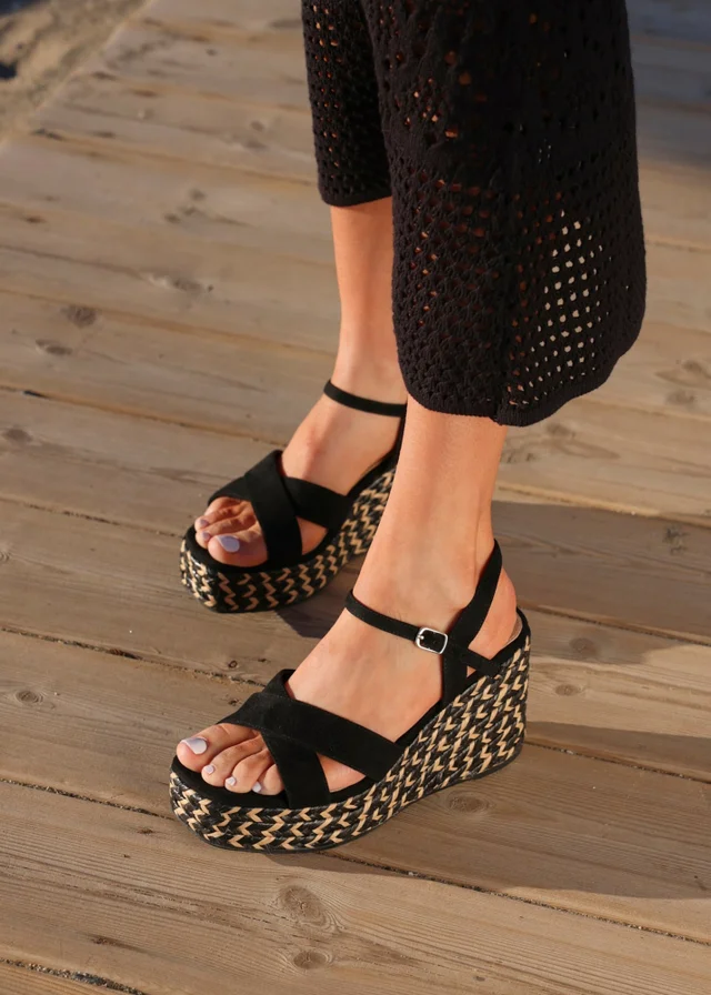 Linzi Leonie Black Faux Suede Braided Wedge