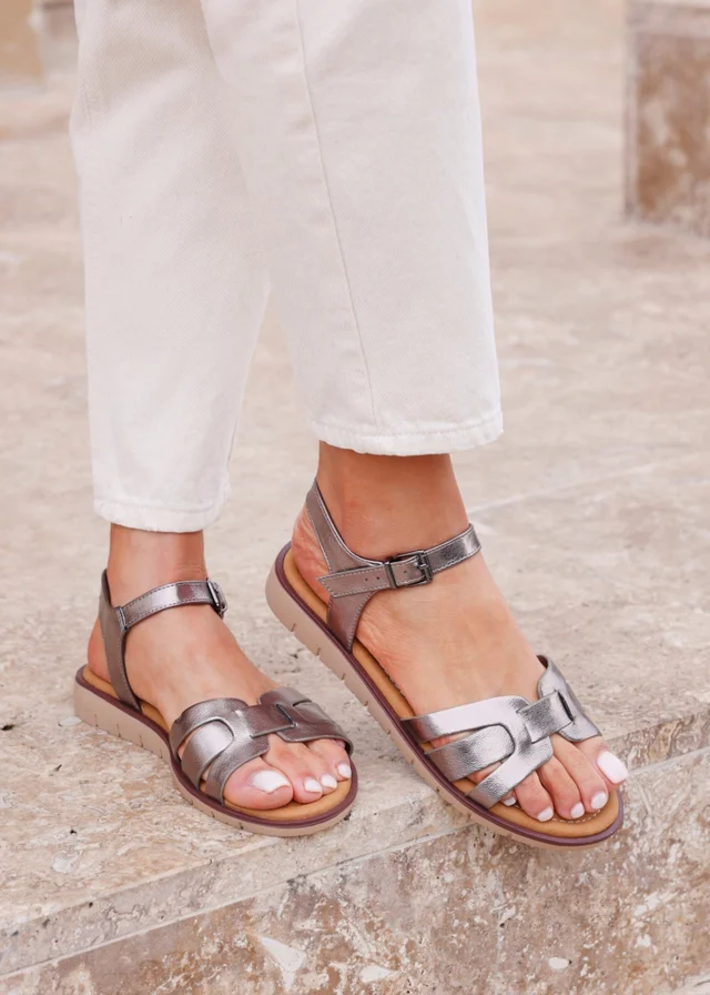 Linzi Twirl Wide Fit Pewter Faux Leather Two Part Sandal