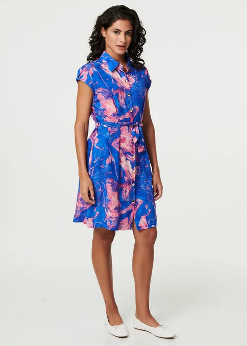 Izabel London Blue Marble Print Knee Length Shirt Dress - 12 Image 4