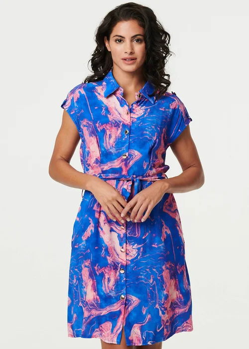 Izabel London Blue Marble Print Knee Length Shirt Dress - 12 Image 1