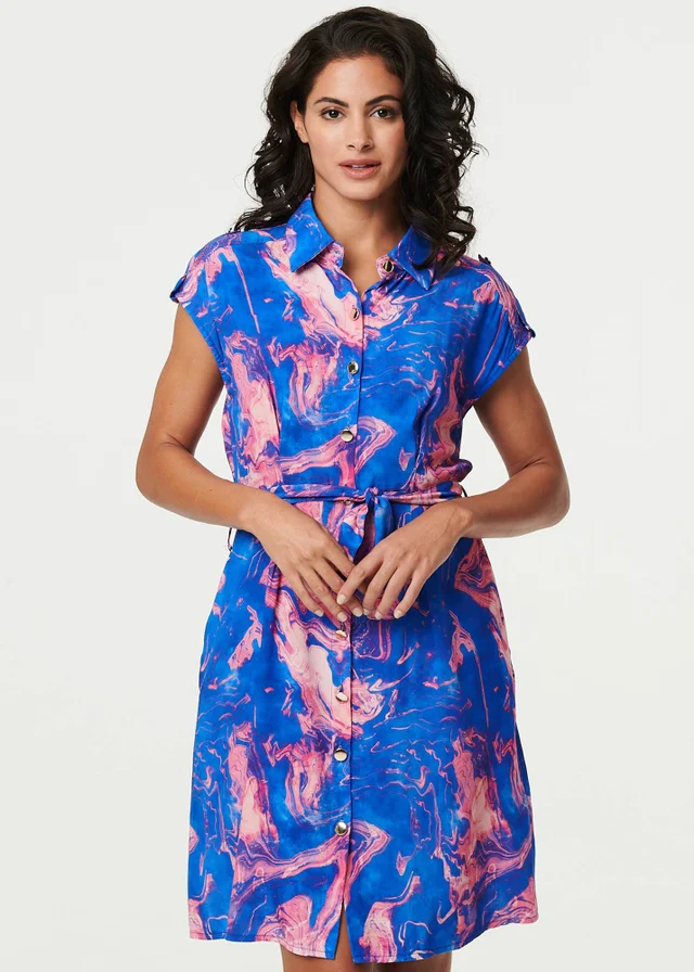 Izabel London Blue Marble Print Knee Length Shirt Dress