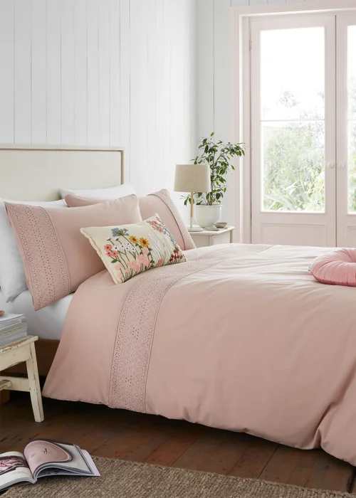 Catherine Lansfield Broderie Anglaise Duvet Cover Set Blush Pink - Single Image 1
