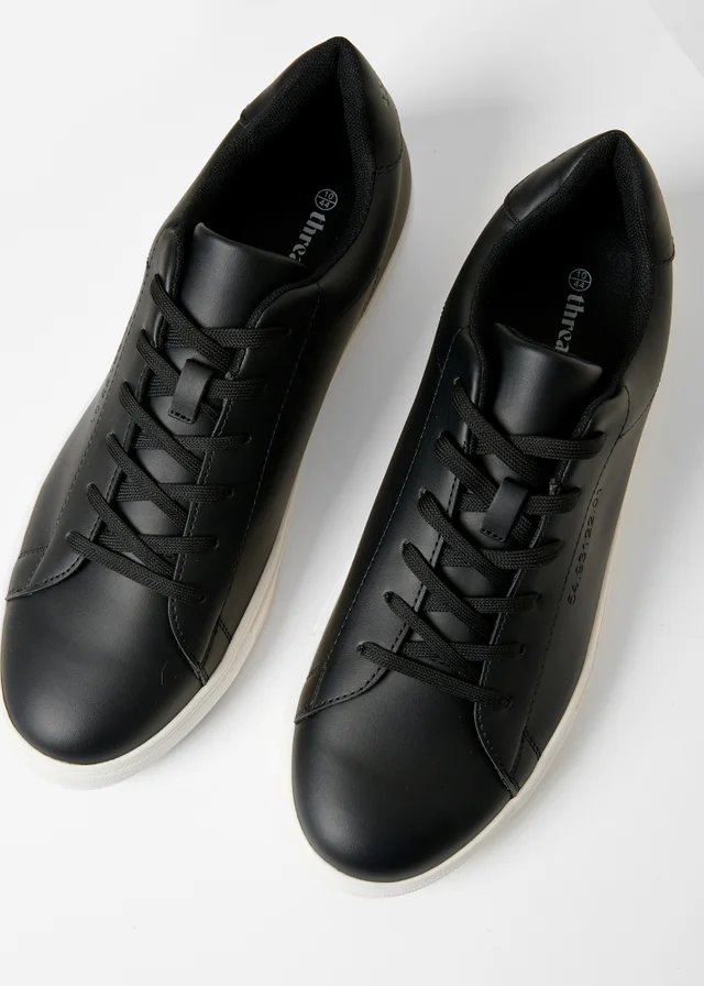 Threadbare Black Lace-Up Faux Leather Court Trainers