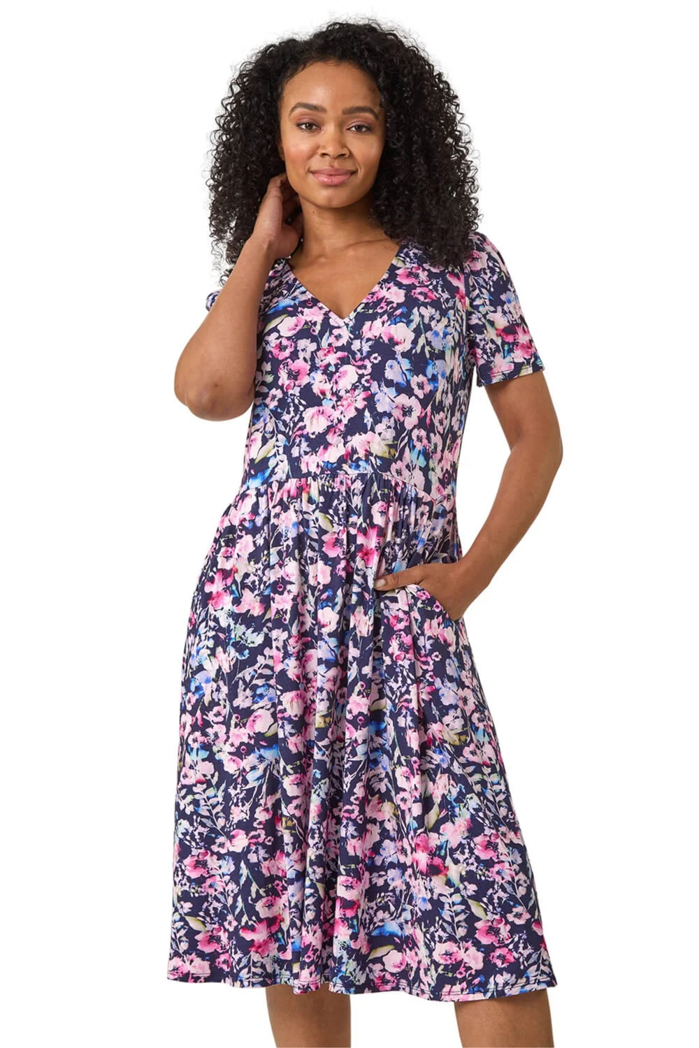 Roman Navy Petite Floral Pocket Midi Dress - Size 10 Image 1