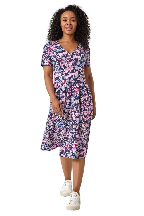 Roman Navy Petite Floral Pocket Midi Dress - Size 10 Image 2