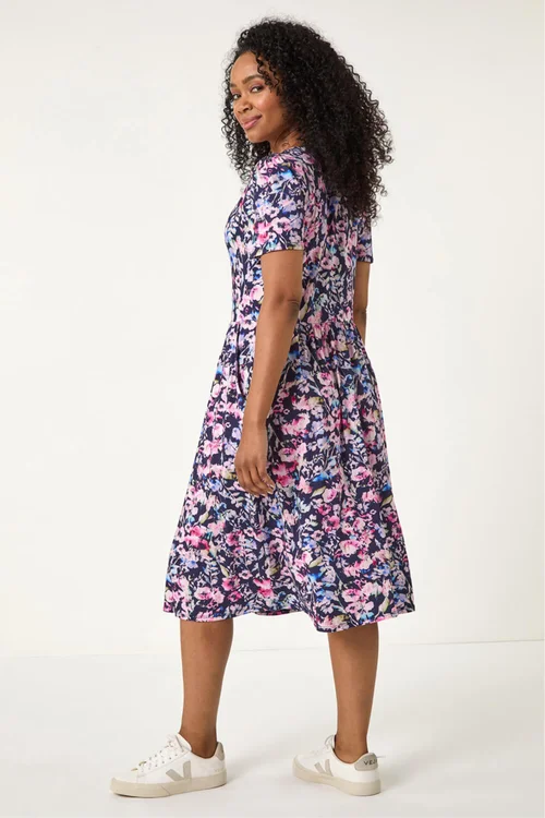 Roman Navy Petite Floral Pocket Midi Dress - Size 10 Image 3