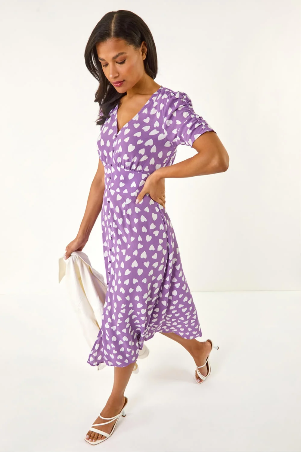 Roman Lilac Heart Print Ruched Midi Dress - Size 16 Image 2