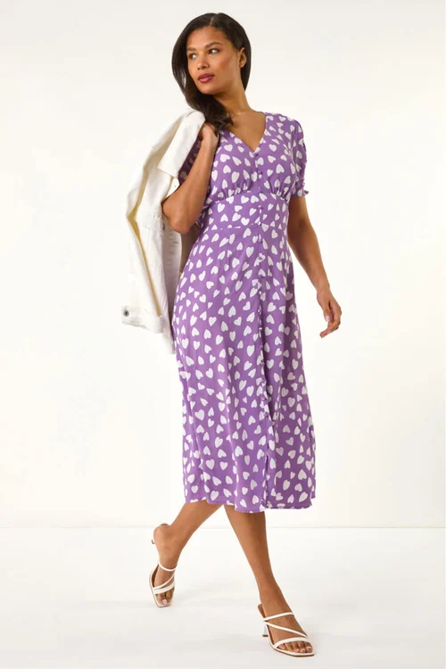 Roman Lilac Heart Print Ruched Midi Dress - Size 16 Image 3