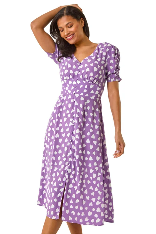 Roman Lilac Heart Print Ruched Midi Dress - Size 16 Image 1