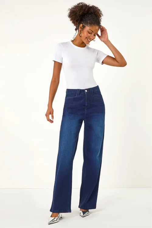 Dusk Indigo Denim Stretch Wide Leg Jeans - 16 Image 2