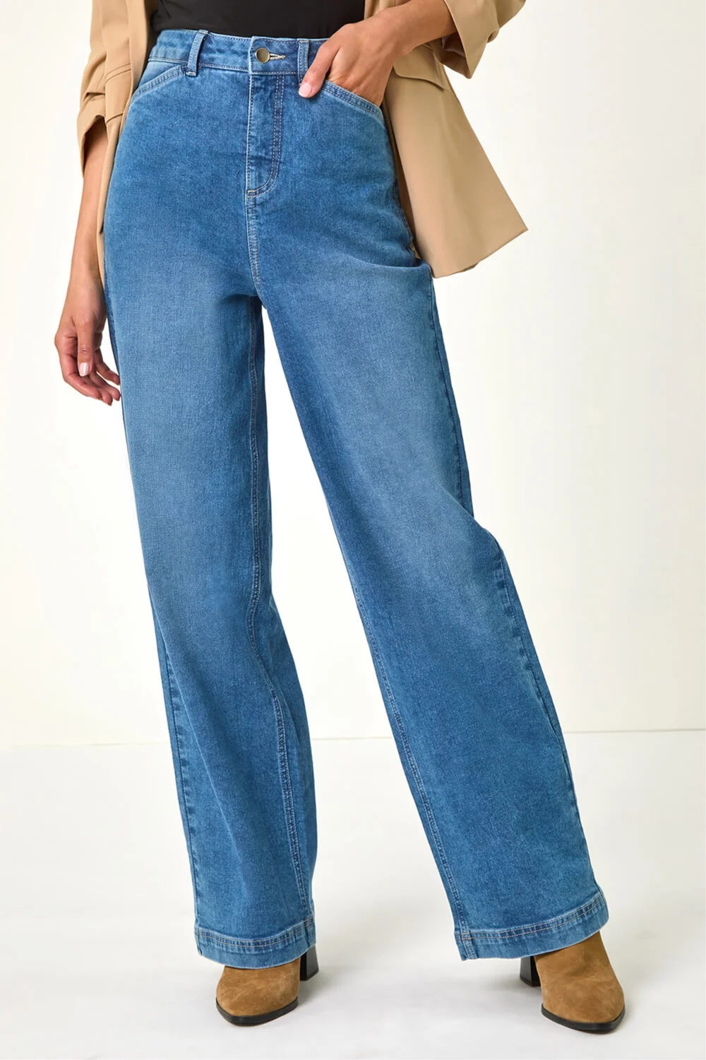 Roman Light Denim Cotton Blend Wide Leg Stretch Jeans - 14 Image 1