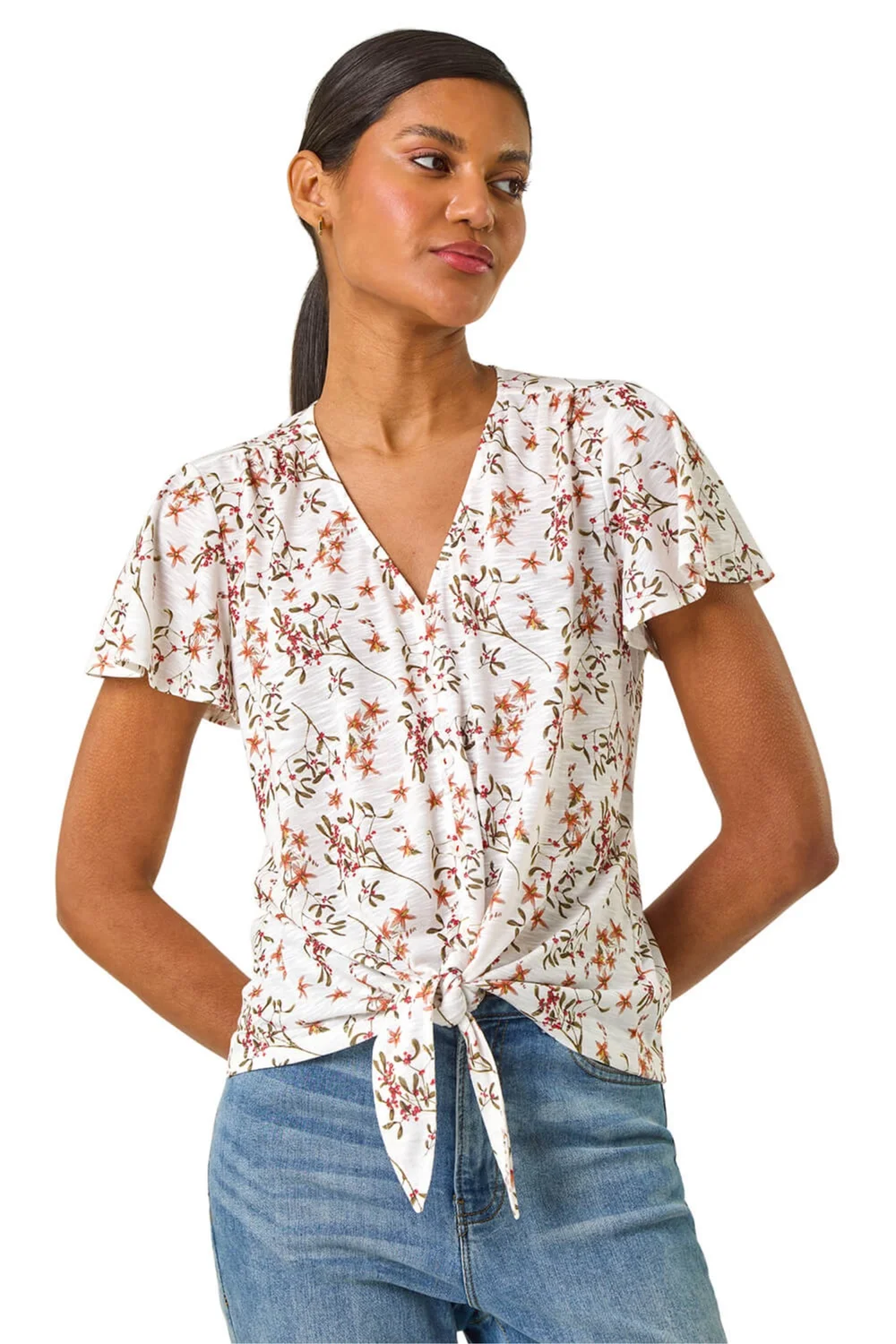 Roman Ivory Floral Buttoned Tie Hem Top - Size 14 Image 1