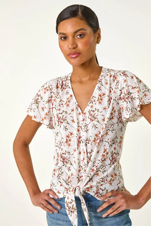 Roman Ivory Floral Buttoned Tie Hem Top - Size 14 Image 4