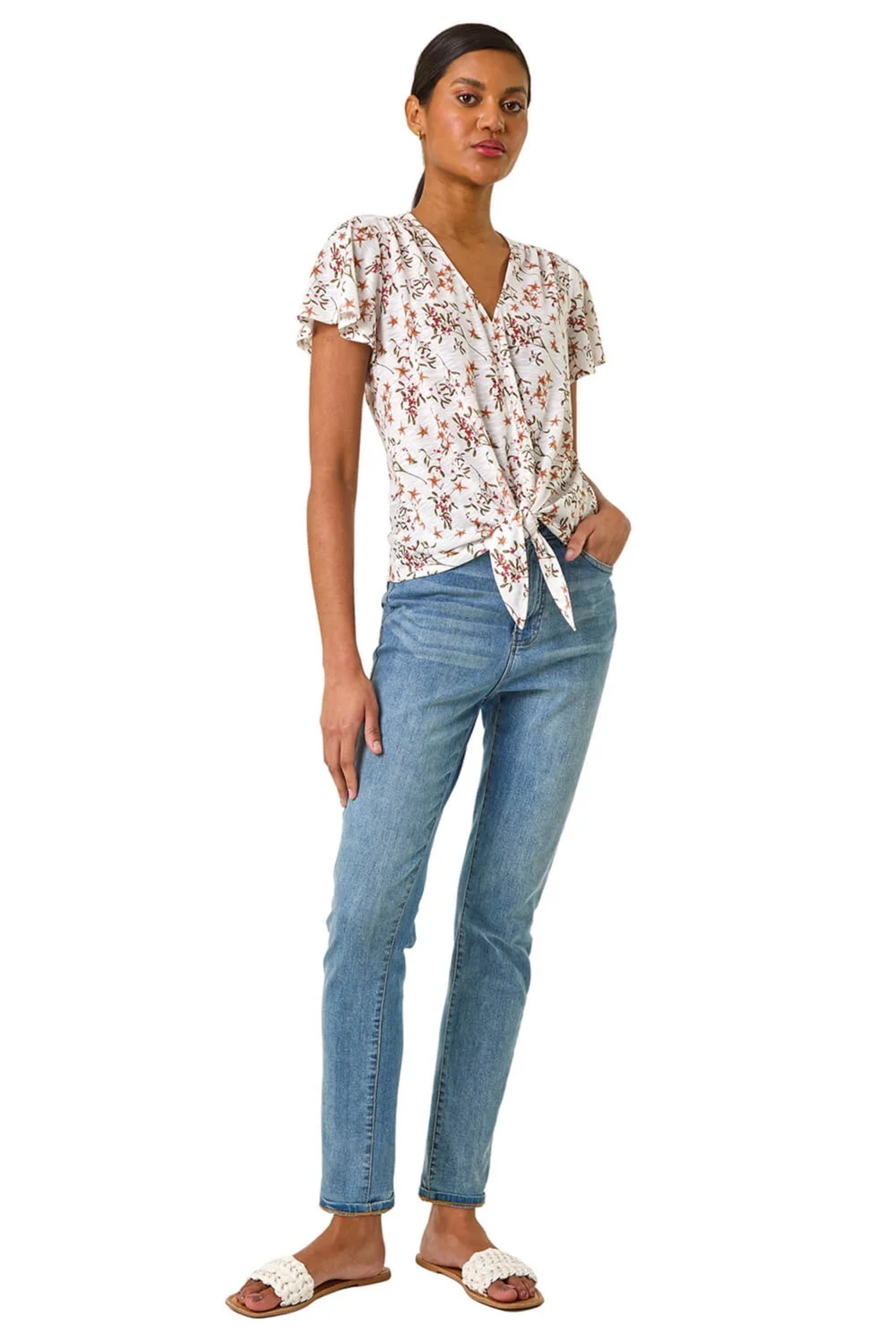 Roman Ivory Floral Buttoned Tie Hem Top - Size 14 Image 2