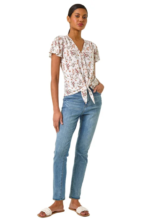 Roman Ivory Floral Buttoned Tie Hem Top - Size 14 Image 2