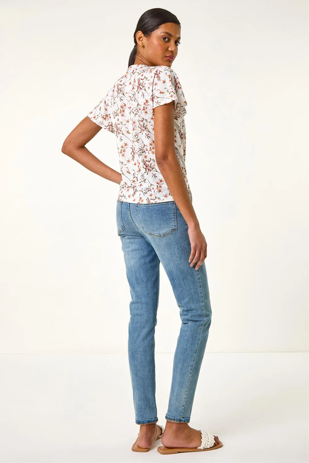 Roman Ivory Floral Buttoned Tie Hem Top - Size 14 Image 3