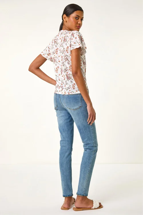 Roman Ivory Floral Buttoned Tie Hem Top - Size 14 Image 3