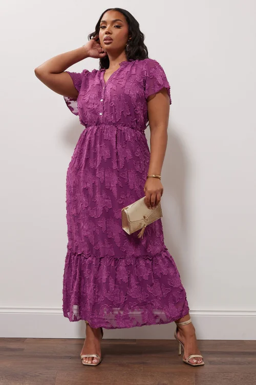 Yours London Curve Purple Burn Out Jacquard Ruffle Dress - 26-28 Image 1